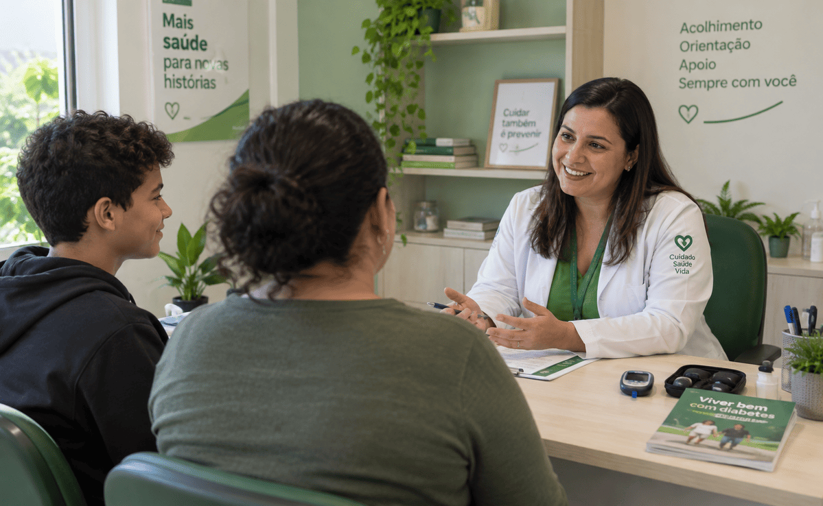 Profissional de saúde orientando uma família sobre os cuidados com o diabetes